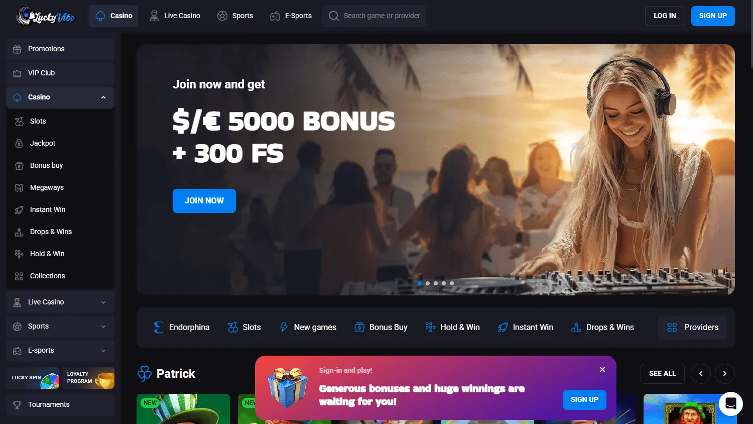 Lucky Vibe Casino home interface on desktop