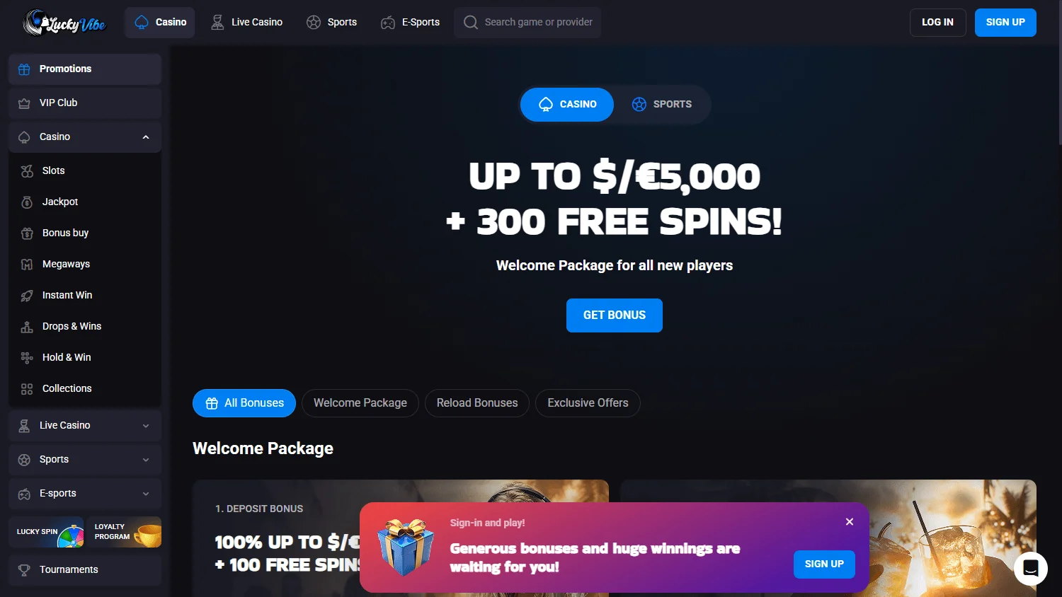 Lucky Vibe Casino promotions area on desktop
