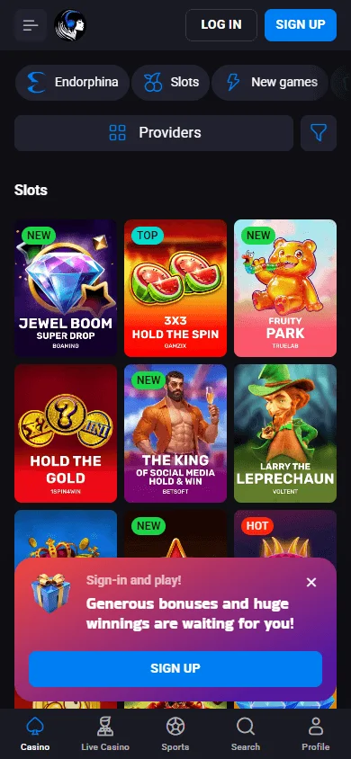 Lucky Vibe Casino games lobby on a mobile device