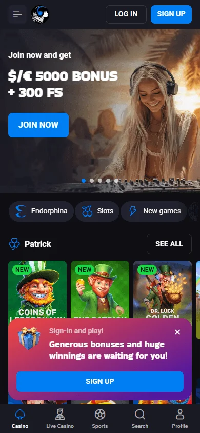 Lucky Vibe Casino home interface on a mobile device