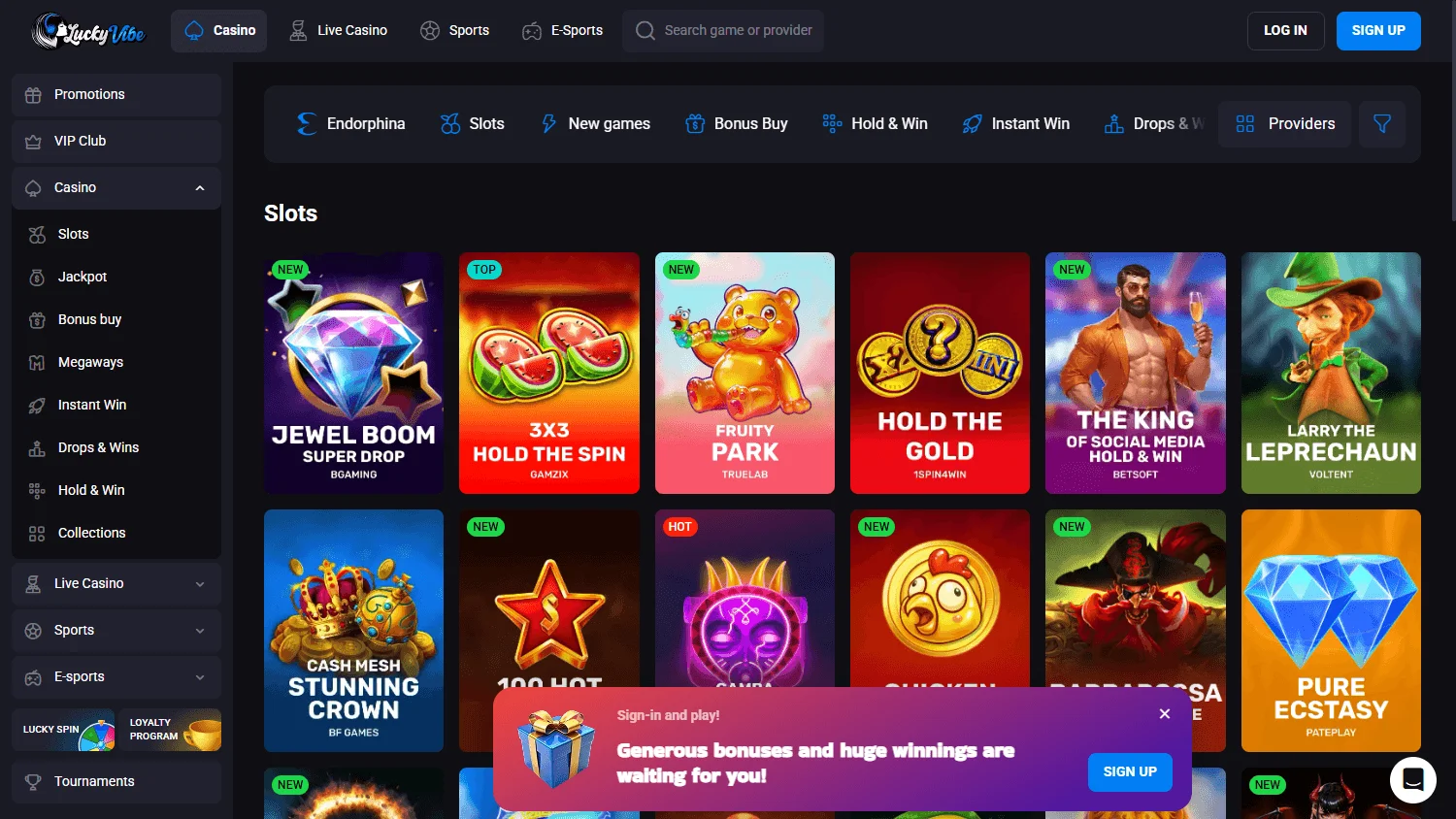 Lucky Vibe Casino games lobby on desktop